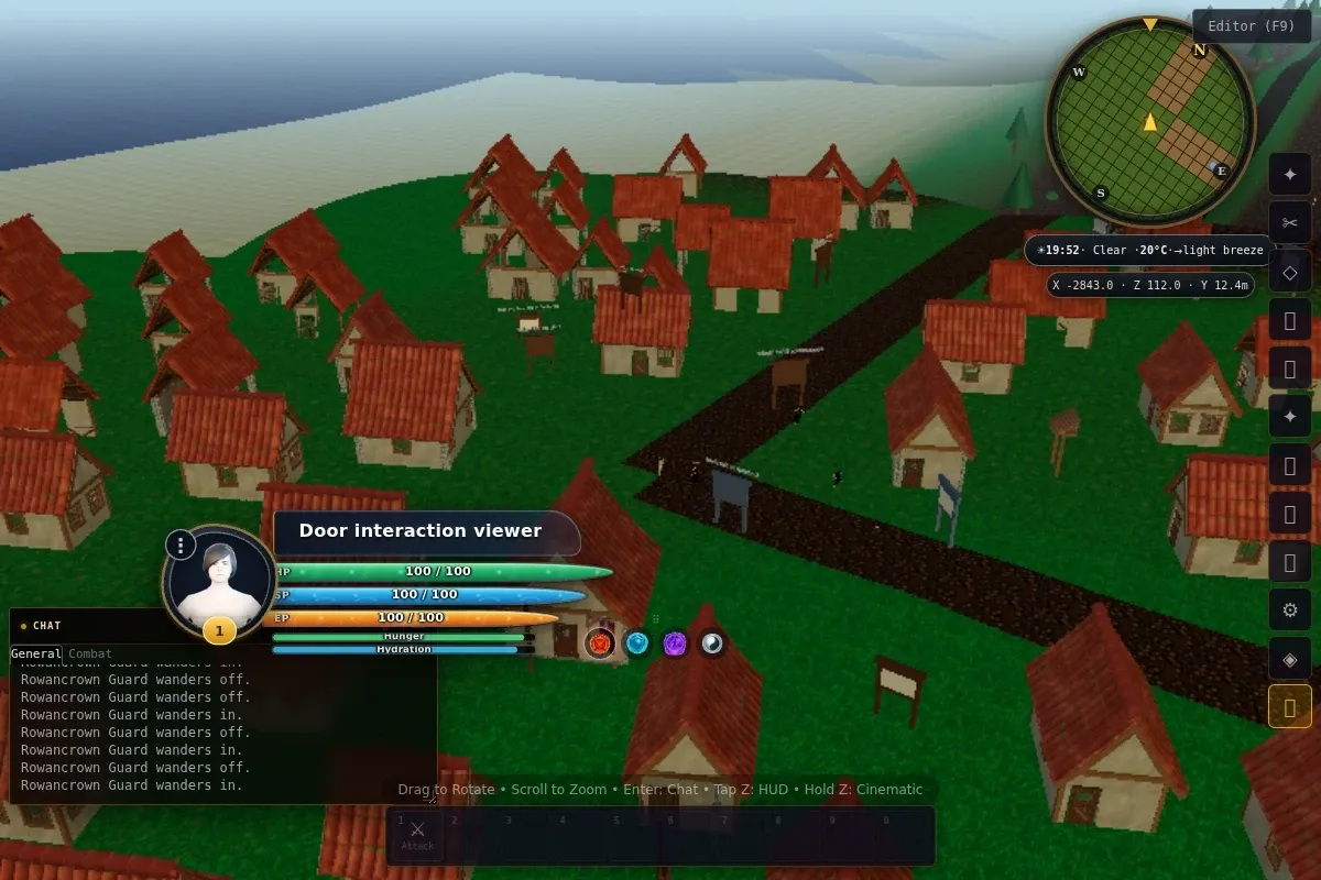 A settlement taking shape: Player buildings, roads and a town seen from the development client. Architecture, materials and interface are still being refined.