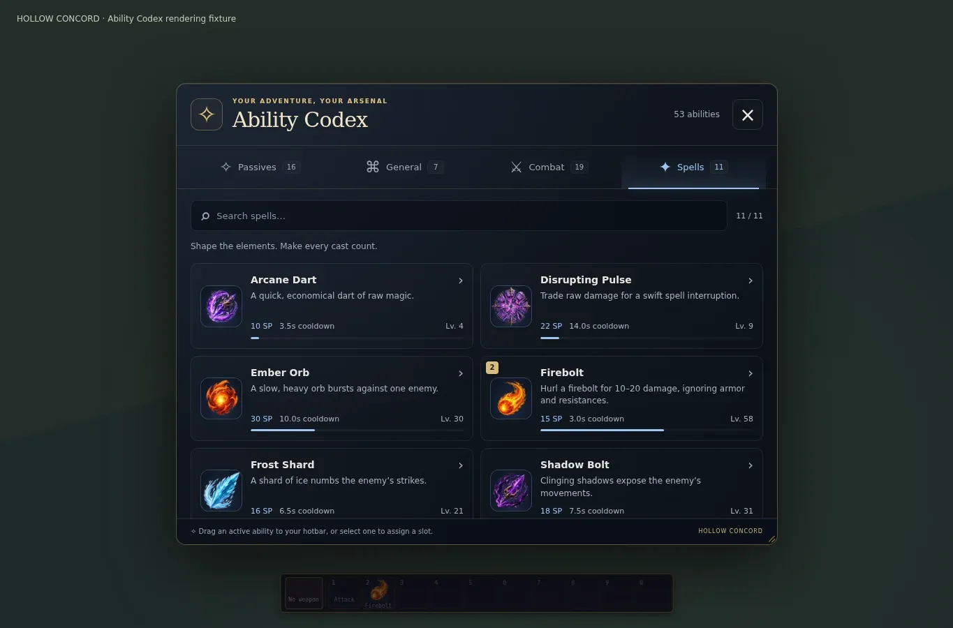 Finding your fighting style: The real Ability Codex interface in a development test view. This is an interface prototype, not a live combat screenshot; displayed values are test data.